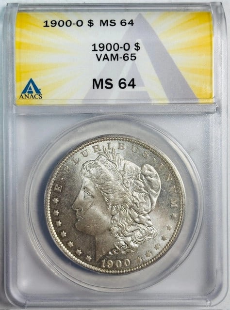 ANACS MS64 1900 New Orleans Silver Dollar VAM-65: ANACS MS64 1900 New Orleans Silver Dollar VAM-65 This is an un-used 1900 O Morgan Silver Dollar, graded MS-64 by ANACS and designated as VAM-65. Minted in New Orleans, this collectible coin is compose