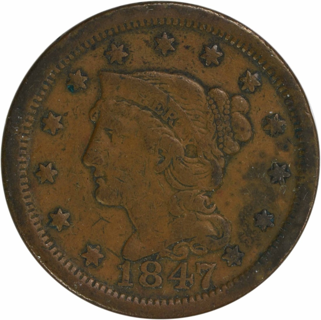 1847 Braided Hair Large Cent Copper Coin VF Uncertified: 1847 Braided Hair Large Cent Copper Coin VF Uncertified This 1847 Large Cent features a grade of VF (Very Fine) and comes uncertified. Struck in copper at the Philadelphia Mint, it showcases the Braid