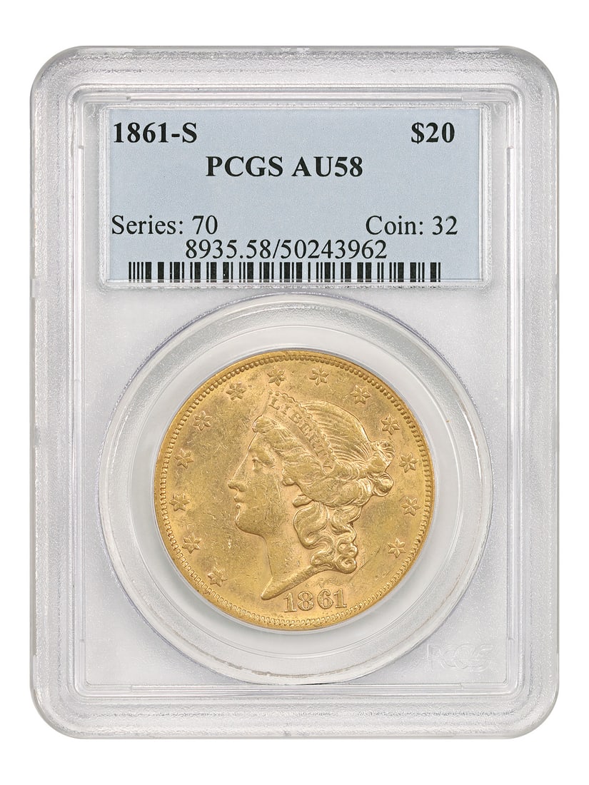 PCGS AU58 1861-S Liberty Head Double Eagle Gold Coin: PCGS AU58 1861-S Liberty Head Double Eagle Gold Coin This is an 1861-S Liberty Head $20 Double Eagle gold coin, certified by PCGS with a grade of AU58. Minted in San Francisco, this scarce early issue