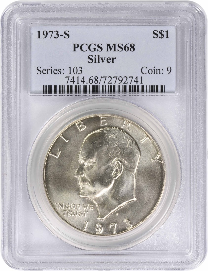 PCGS MS68 Eisenhower Dollar 1973-S Silver San Francisco Mint: PCGS MS68 Eisenhower Dollar 1973-S Silver San Francisco Mint This is a 1973-S Eisenhower Dollar graded MS68 by PCGS. The coin is uncirculated and features outer layers composed of 80% silver and 20% c