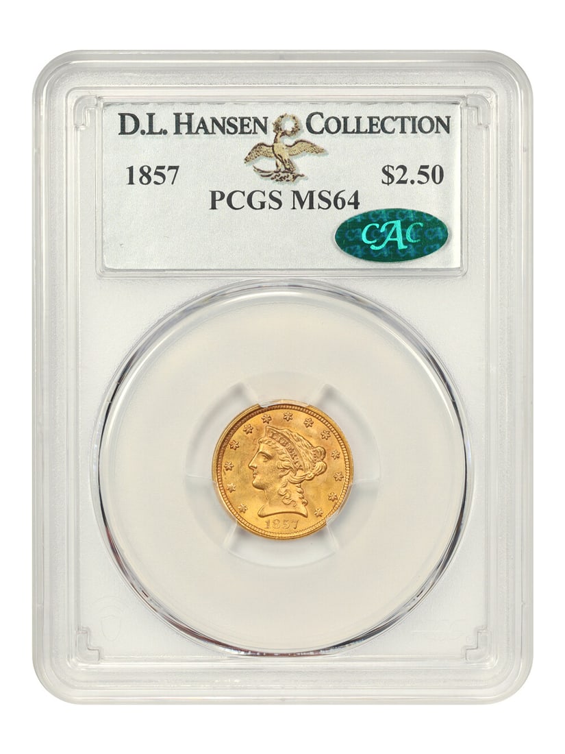 1857 $2.50 Liberty Head Gold Coin PCGS MS64 CAC: 1857 $2.50 Liberty Head Gold Coin PCGS MS64 CAC This 1857 $2.50 Liberty Head coin is a remarkable choice for collectors, certified by PCGS with a grade of MS64, indicating its uncirculated condition. 
