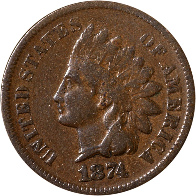 1874 Copper Indian Head Cent United States Circulated: 1874 Copper Indian Head Cent United States Circulated This 1874 Indian Cent is a circulated, pre-owned coin from the United States, composed of copper. It is uncertified and retains its historical val