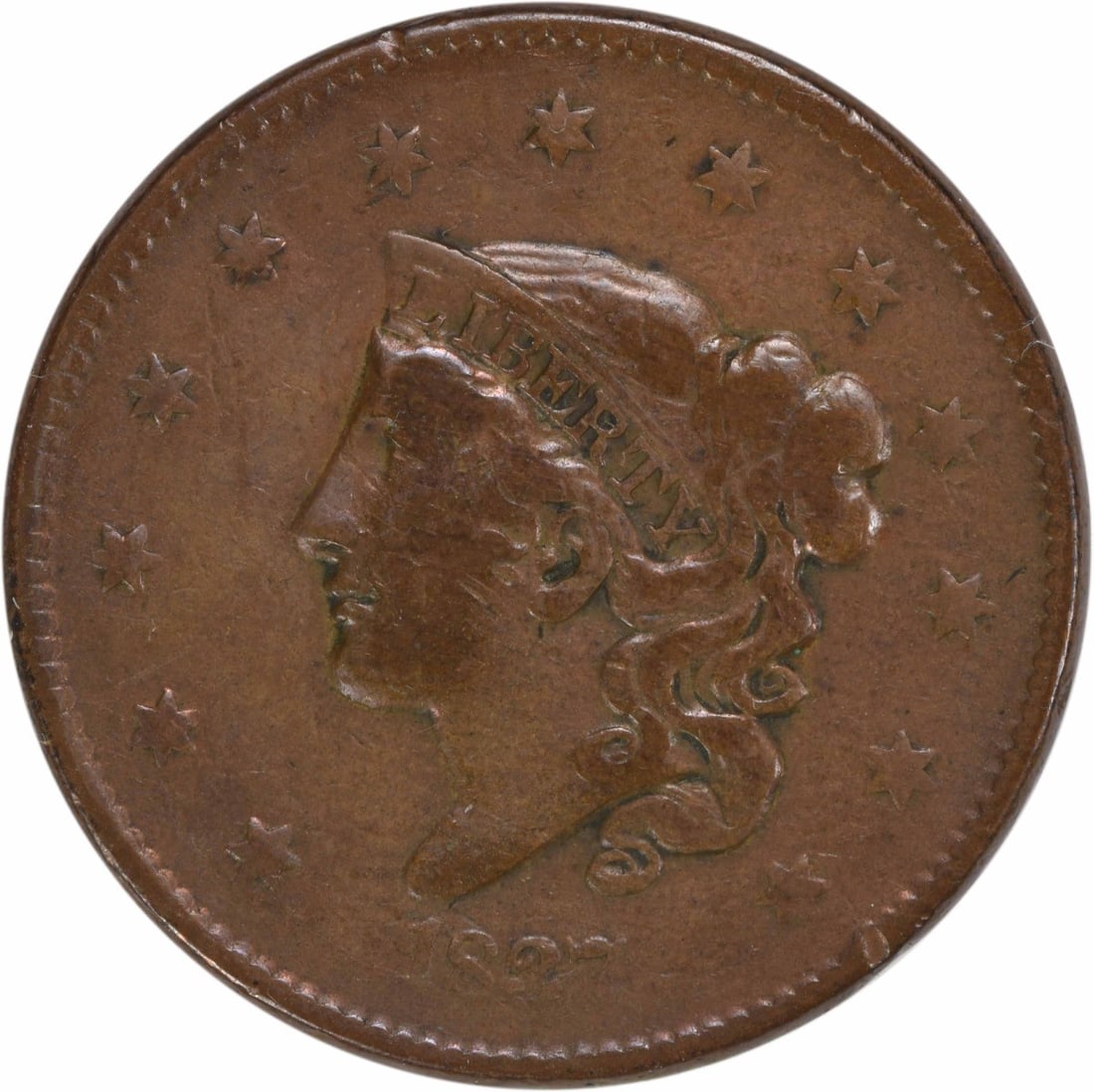 1837 Coronet Head Large Cent VF Uncertified Philadelphia Mint: 1837 Coronet Head Large Cent VF Uncertified Philadelphia Mint This 1837 Large Cent features the Coronet Head design and is made of copper. It is uncirculated and in Very Fine (VF) condition, showcasin