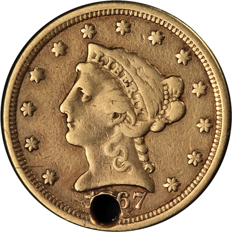 1867 San Francisco Liberty Quarter Eagle Gold Coin Holed F VF: 1867 San Francisco Liberty Quarter Eagle Gold Coin Holed F VF This is an 1867-S Liberty Gold $2.50 coin from the United States, composed of gold with a fineness of 0.9. The coin is circulated and has 