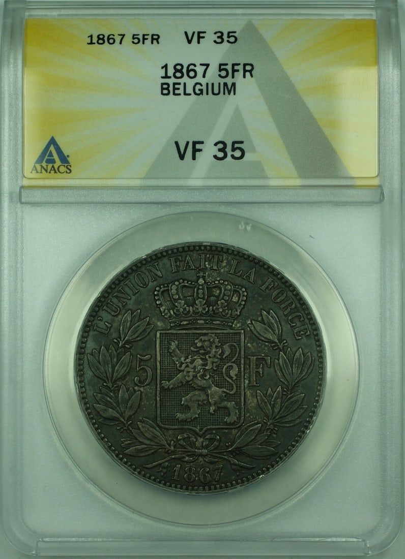 Belgium 1867 5 Francs Silver Small Head Coin ANACS VF-35 KM 24: Belgium 1867 5 Francs Silver Small Head Coin ANACS VF-35 KM 24 This 1867 Belgium 5 Francs coin features the small head variety and is composed of 90% silver. Graded VF-35 by ANACS, the coin is certifi