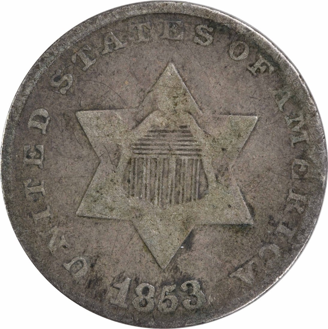 1853 Three Cent Silver Coin F Grade Uncertified USA: 1853 Three Cent Silver Coin F Grade Uncertified USA This 1853 Three Cent Silver coin is a historical piece from the United States, showcasing the craftsmanship of designer James Barton Longacre. It fe