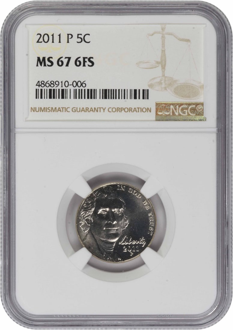 NGC MS67 6FS 2011 Philadelphia Jefferson Nickel: NGC MS67 6FS 2011 Philadelphia Jefferson Nickel This 2011-P Jefferson Nickel is graded MS67 with 6 Full Steps and certified by NGC. Struck at the Philadelphia Mint, it is composed of 75% copper and 25