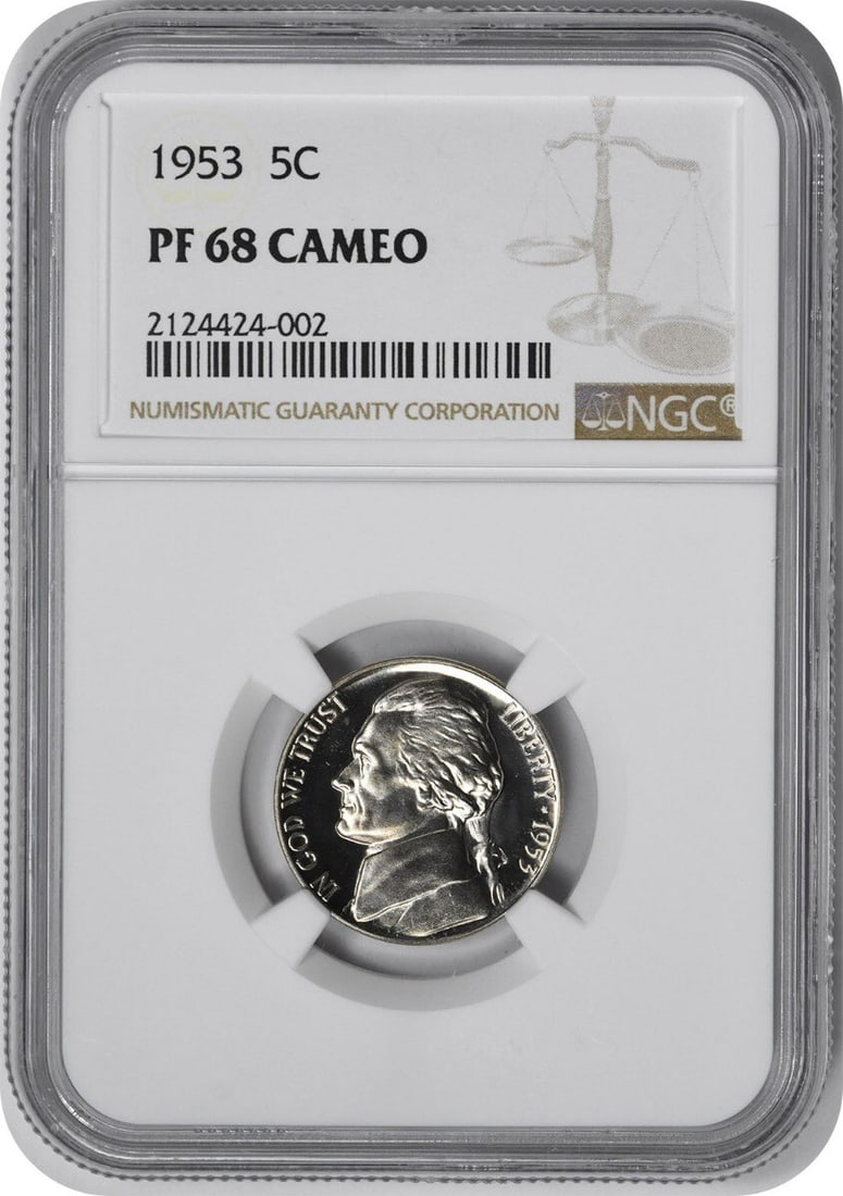 1953 Proof Jefferson Nickel PR68CAM NGC Certified: 1953 Proof Jefferson Nickel PR68CAM NGC Certified This is a 1953 Jefferson Nickel struck as a proof coin at the Philadelphia Mint. Certified by NGC with a high grade of PR68CAM, this uncirculated coin