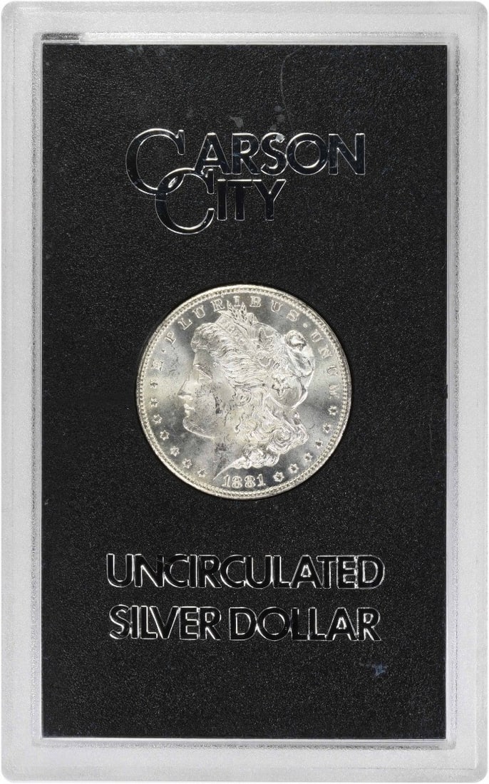 GSA Hard Pack 1881 Carson City Morgan Silver Dollar Uncirculated: GSA Hard Pack 1881 Carson City Morgan Silver Dollar Uncirculated This 1881-CC Morgan Silver Dollar is in brilliant uncirculated condition and comes housed in the original GSA hard pack holder. Struck 