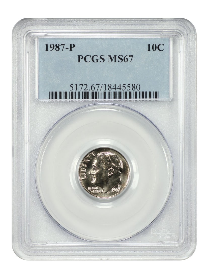 1987 Philadelphia Roosevelt Dime PCGS MS67 Certified 10 Cent Coin: 1987 Philadelphia Roosevelt Dime PCGS MS67 Certified 10 Cent Coin This 1987-P Roosevelt Dime is graded MS67 by PCGS, indicating an uncirculated condition. Minted in Philadelphia, it belongs to the Roo