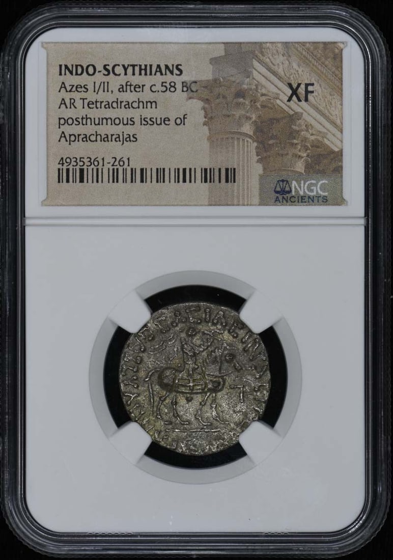 Indo-Scythian Azes I or II Silver Tetradrachm NGC XF40 Certified Coin: Indo-Scythian Azes I or II Silver Tetradrachm NGC XF40 Certified Coin This is an Indo-Scythian AR Tetradrachm coin attributed to Azes I or Azes II, dating after approximately 58 BC. The coin is certif