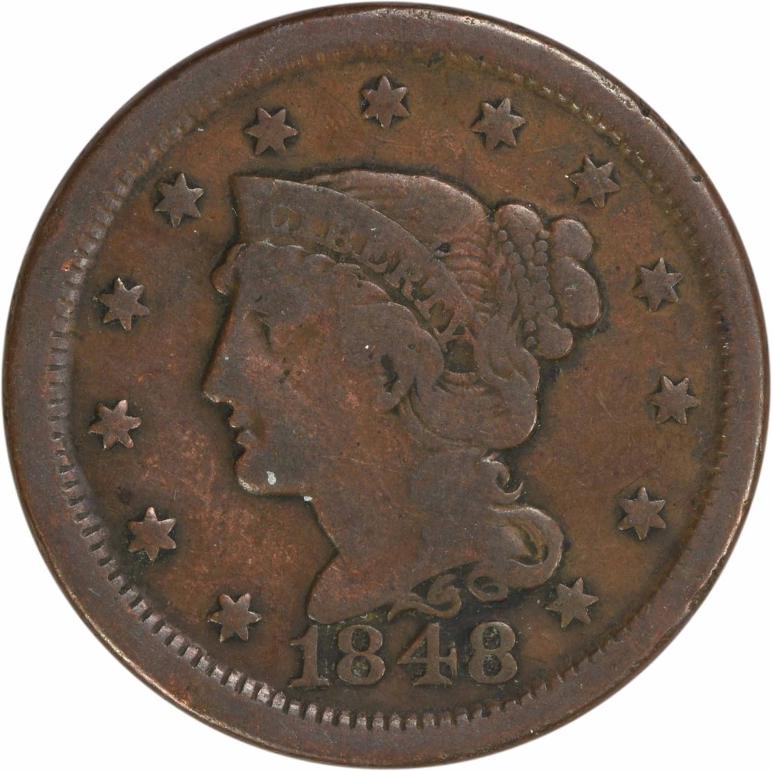 1848 Philadelphia Large Cent VF Copper Braided Hair Coin: 1848 Philadelphia Large Cent VF Copper Braided Hair Coin This 1848 Large Cent is a remarkable piece of American numismatic history. Featuring the Braided Hair design by Christian Gobrecht, this coin s