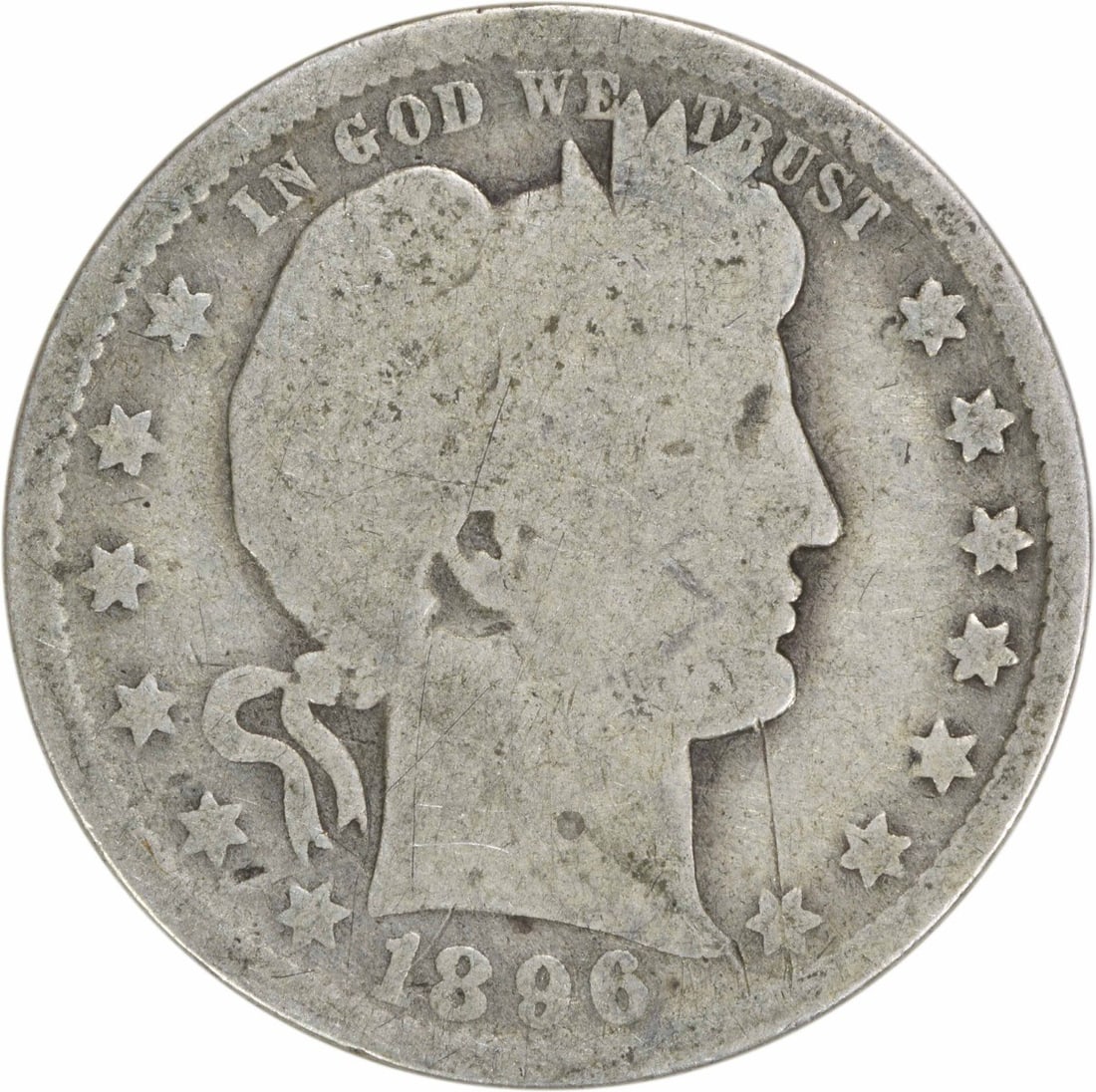 1896-O Barber Quarter 90% Silver G Uncertified 25C: 1896-O Barber Quarter 90% Silver G Uncertified 25C This 1896-O Barber Silver Quarter is a remarkable piece of American numismatic history. Struck at the New Orleans mint, this quarter features the ico