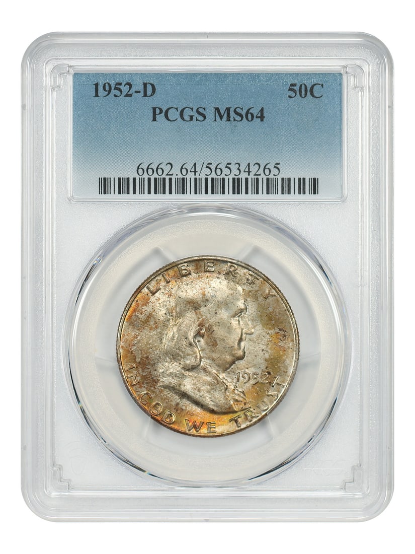 PCGS MS64 Franklin 1952-D Half Dollar Uncirculated Denver Mint: PCGS MS64 Franklin 1952-D Half Dollar Uncirculated Denver Mint This is a 1952-D Franklin Half Dollar, graded MS64 by PCGS. The coin is uncirculated and was minted in Denver. It belongs to the Franklin