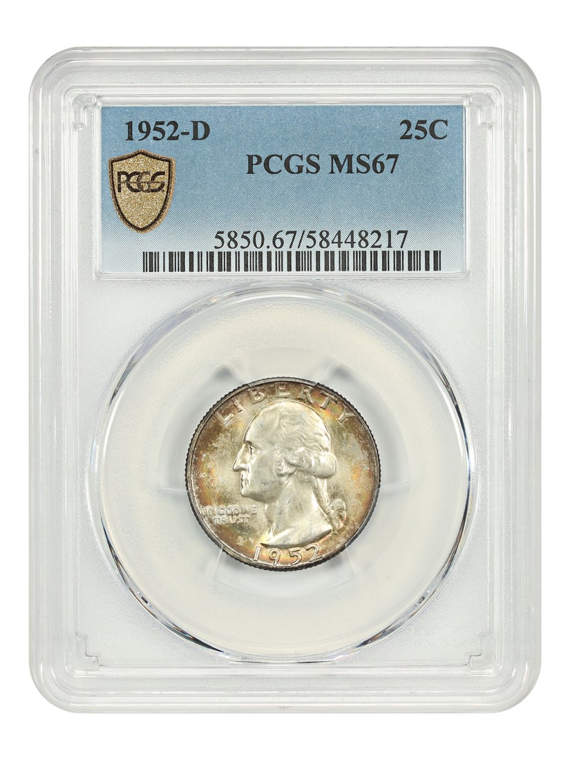 PCGS MS67 1952 Denver Washington Quarter 25C Uncirculated: PCGS MS67 1952 Denver Washington Quarter 25C Uncirculated This is a 1952-D Washington Quarter graded MS67 by PCGS. The coin originates from the Denver Mint and is uncirculated. It is part of the Washi