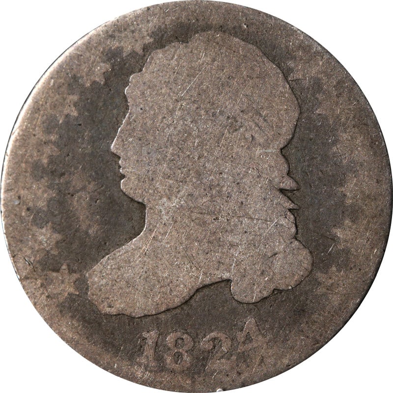 1824 Overdate Bust Dime Silver United States Coin: 1824 Overdate Bust Dime Silver United States Coin This is a circulated 1824/2 Bust Dime from the United States, composed of 90% silver. The coin is pre-owned and uncertified. Specifications Coin type: