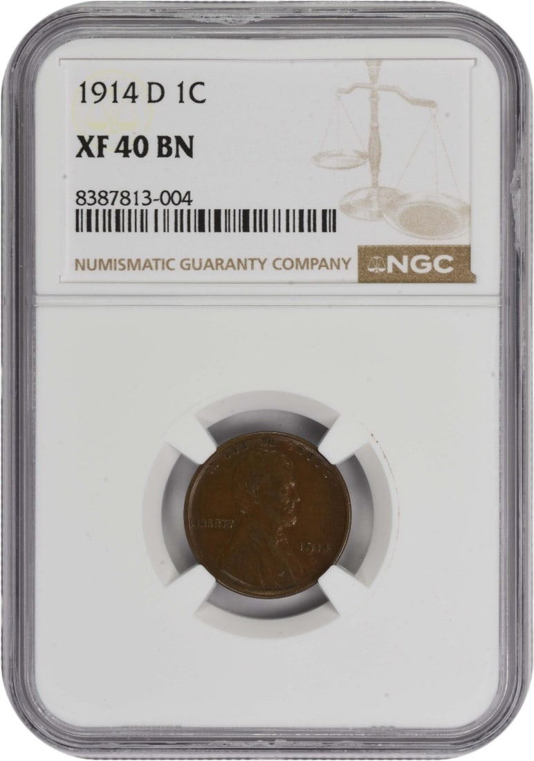 1914-D Lincoln Wheat Cent EF40BN NGC Certified Copper Coin: 1914-D Lincoln Wheat Cent EF40BN NGC Certified Copper Coin This 1914-D Lincoln Cent features an EF40BN grade and is certified by NGC, making it a valuable addition for collectors. Struck in copper, th