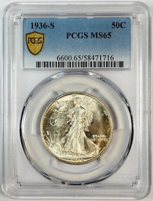 PCGS MS65 San Francisco 1936 Silver Walking Liberty Half Dollar: PCGS MS65 San Francisco 1936 Silver Walking Liberty Half Dollar This is a 1936 S Walking Liberty Half Dollar, graded MS-65 by PCGS. The coin is composed of silver and was minted in San Francisco. It i