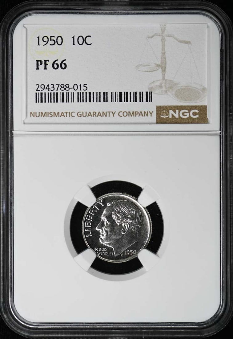 1950 Roosevelt Proof Dime Silver 10C NGC PR66 Philadelphia Mint: 1950 Roosevelt Proof Dime Silver 10C NGC PR66 Philadelphia Mint This 1950 Roosevelt Dime is a silver 10-cent coin certified by NGC with a grade of PR66. It was struck as a proof coin at the Philadelph