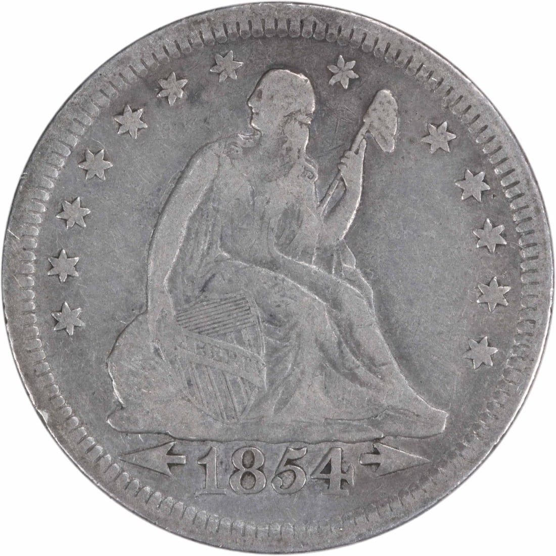 1854 Liberty Seated Silver Quarter 90% Silver Arrows VF Uncertified: 1854 Liberty Seated Silver Quarter 90% Silver Arrows VF Uncertified This 1854 Liberty Seated Silver Quarter showcases the artistry of designers Robert Ball Hughes and Christian Gobrecht. Crafted in Ph