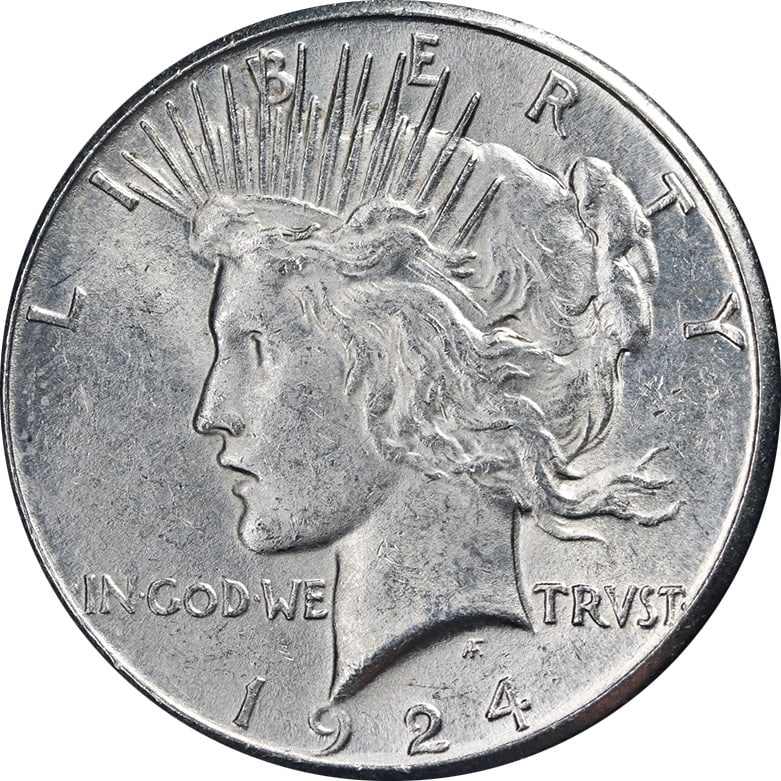 1924 San Francisco Peace Silver Dollar Brilliant Uncirculated Coin: 1924 San Francisco Peace Silver Dollar Brilliant Uncirculated Coin The 1924-S Peace Dollar is an uncirculated coin produced in the United States, struck in silver with a fineness of 0.9. This example 