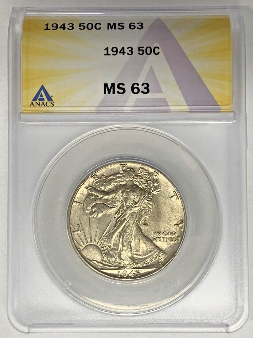 ANACS MS 63 Liberty Walking 50C Half Dollar Coin 1943: ANACS MS 63 Liberty Walking 50C Half Dollar Coin 1943 This is a 1943 Walking Liberty Half Dollar 50-cent coin from the United States, graded MS 63 by ANACS. The coin is uncirculated and features the i