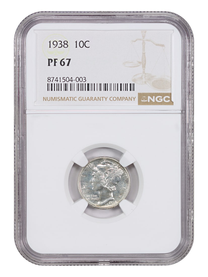 1938 Proof Mercury Dime NGC Graded PR67 Philadelphia: 1938 Proof Mercury Dime NGC Graded PR67 Philadelphia This 1938 Mercury Dime is a proof coin graded PR67 by NGC. It was minted in Philadelphia and is part of a limited mintage of only 8,728 coins produ