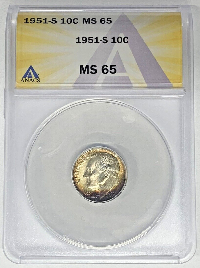 ANACS MS 65 1951-S Roosevelt Silver Dime with Natural Toning: ANACS MS 65 1951-S Roosevelt Silver Dime with Natural Toning This is a 1951-S Roosevelt Dime with a denomination of 10 cents. The coin is composed of silver and features attractive toning. It is uncir