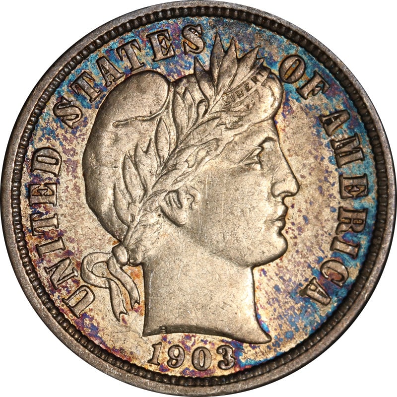1903 O Mint Silver Barber Dime United States Coin: 1903 O Mint Silver Barber Dime United States Coin This is a 1903-O Barber Dime from the United States, composed of silver with a fineness of 0.9. The coin was minted in New Orleans and is in circulate