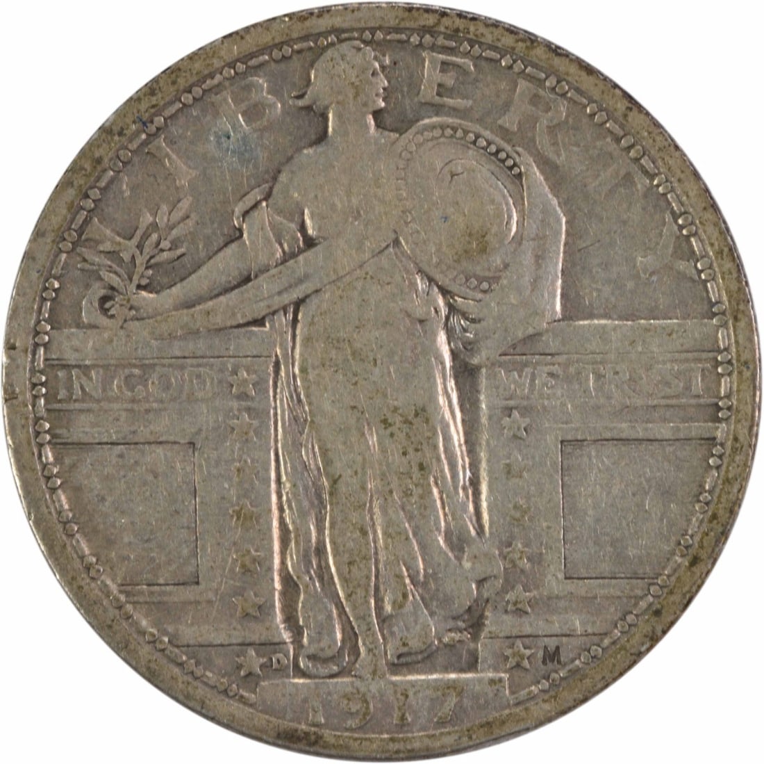1917-D Standing Liberty Quarter Type 1 90% Silver Coin: 1917-D Standing Liberty Quarter Type 1 90% Silver Coin This 1917-D Standing Liberty Silver Quarter, a Type 1 coin, features a design by Hermon A. Mac Neil. Struck at the Denver Mint, this quarter is c