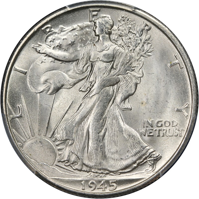 PCGS MS64 1945-S Silver Half Dollar Walking Liberty: PCGS MS64 1945-S Silver Half Dollar Walking Liberty This stunning 1945-S Walking Liberty Half is graded as MS64 by PCGS, showcasing exceptional eye appeal with brilliant luster and a superb strike. Th
