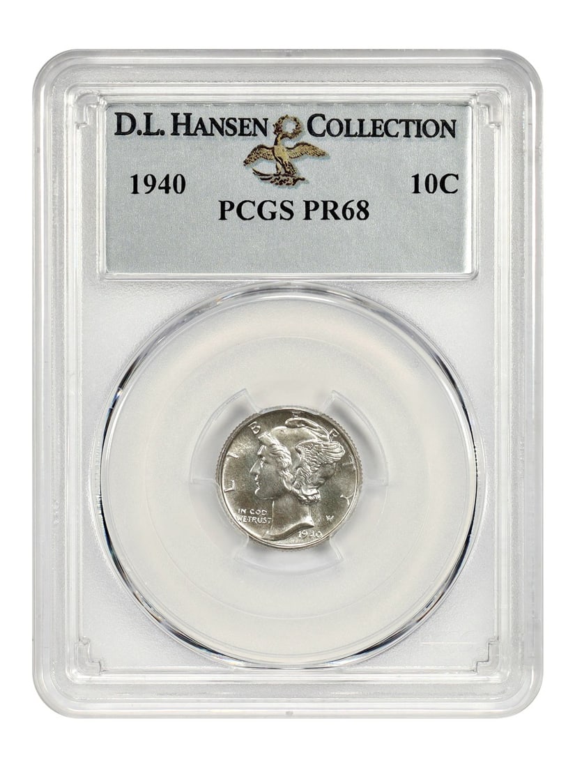 1940 Proof Mercury Dime PCGS PR68 from D L Hansen Collection: 1940 Proof Mercury Dime PCGS PR68 from D L Hansen Collection This 1940 Mercury Dime is a proof coin graded PR68 by PCGS. Struck at the Philadelphia Mint, it features a mintage of 11,827 in proof forma