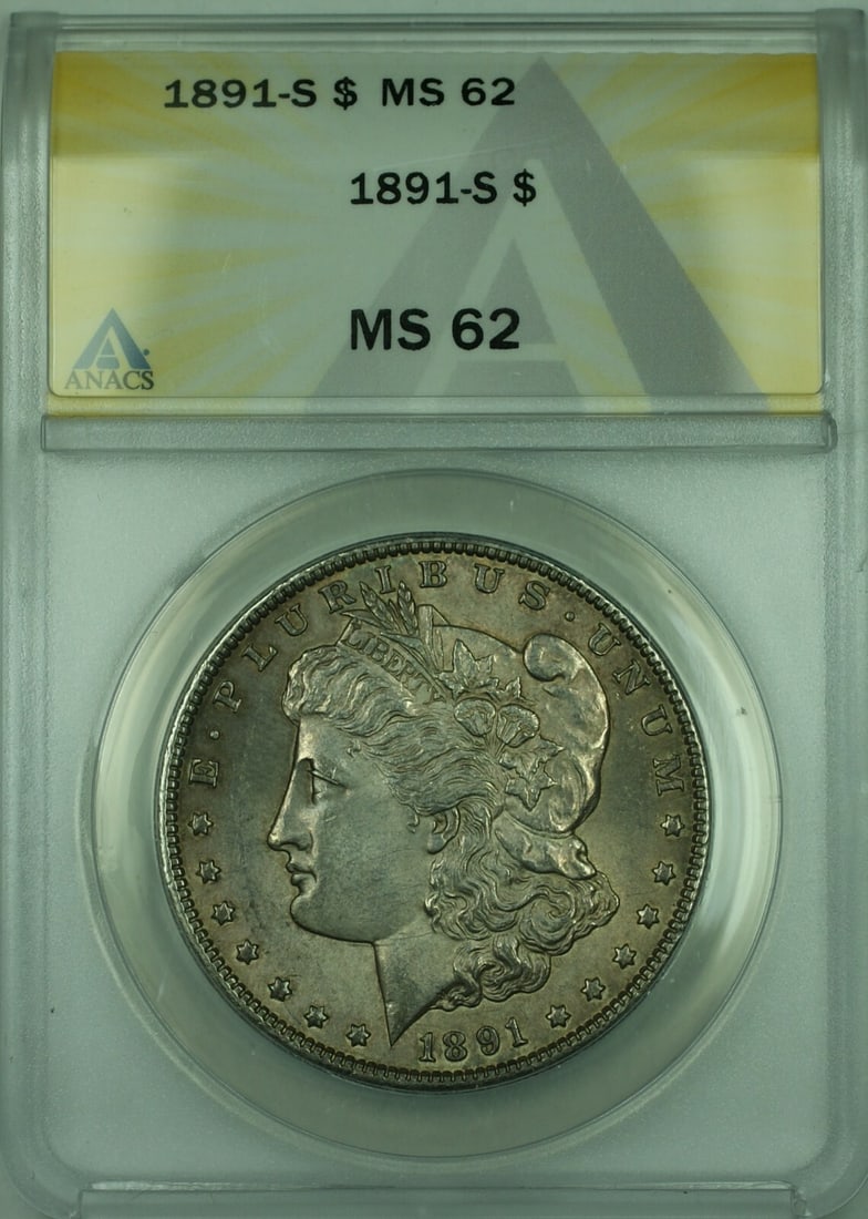 1891 San Francisco Morgan Dollar ANACS MS62 Silver Coin with Toning: 1891 San Francisco Morgan Dollar ANACS MS62 Silver Coin with Toning This is an 1891 Morgan Silver Dollar $1 coin from the United States, certified by ANACS with a grade of MS-62. Minted in San Francis