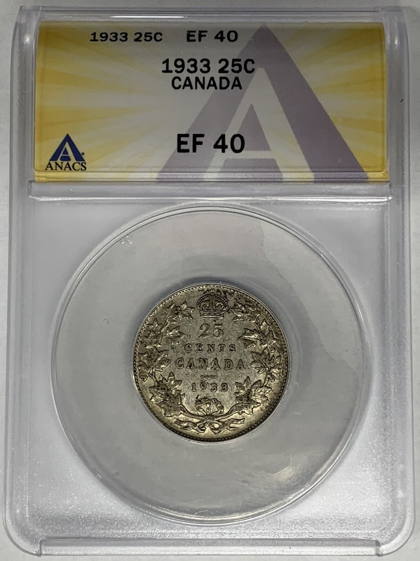 ANACS XF 40 Certified 1933 Silver 25 Cent Canadian Coin: ANACS XF 40 Certified 1933 Silver 25 Cent Canadian Coin This 1933 Canada twenty-five cent coin is composed of silver and has been graded XF 40 by ANACS. The coin is circulated and certified, making it