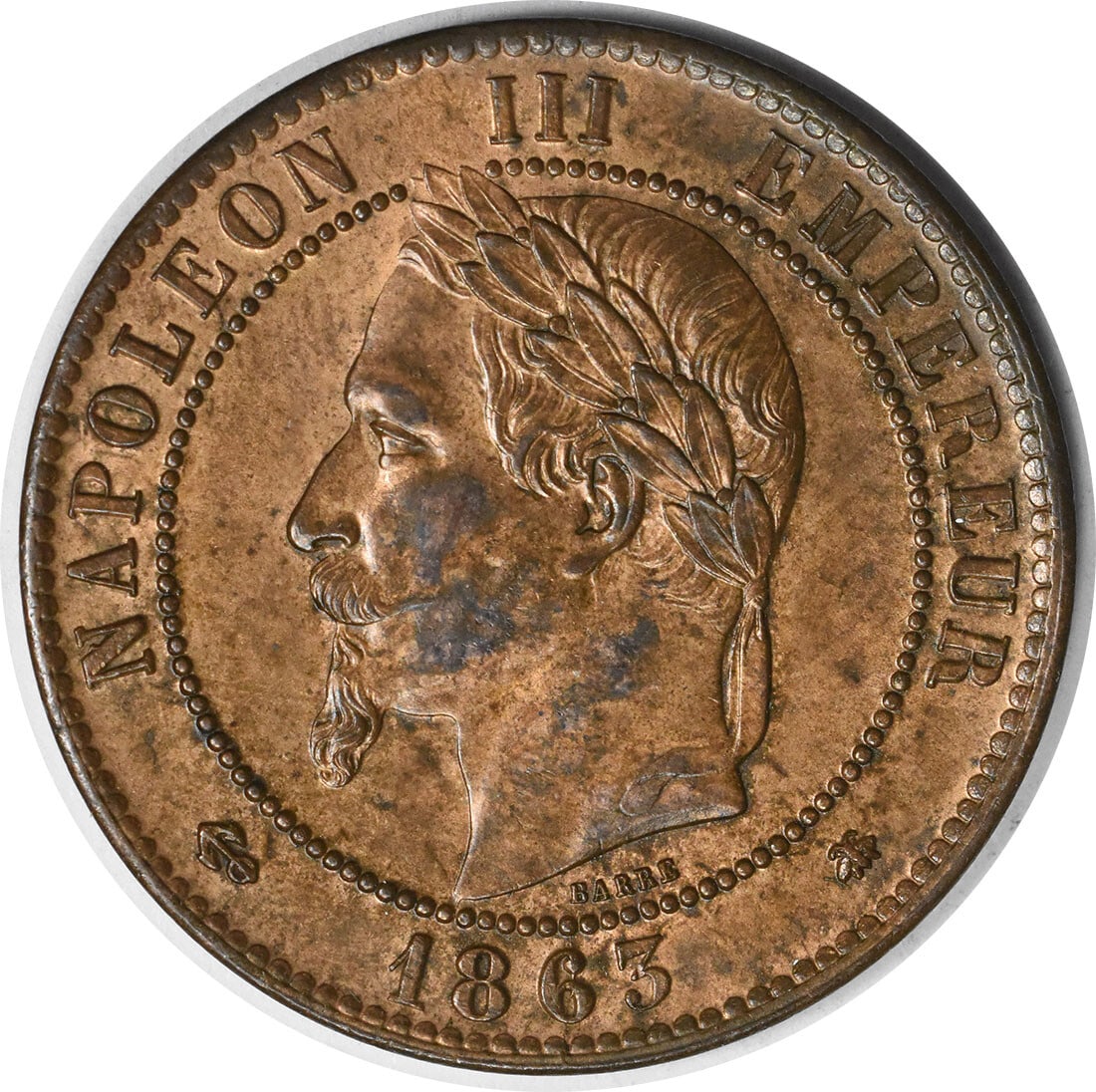 1863 France 10 Centimes KM798.1 Bronze Uncertified Coin: 1863 France 10 Centimes KM798.1 Bronze Uncertified Coin This 1863 France 10 Centimes coin is a remarkable example of bronze currency from the 19th century. It is classified as Uncertified and is in Un