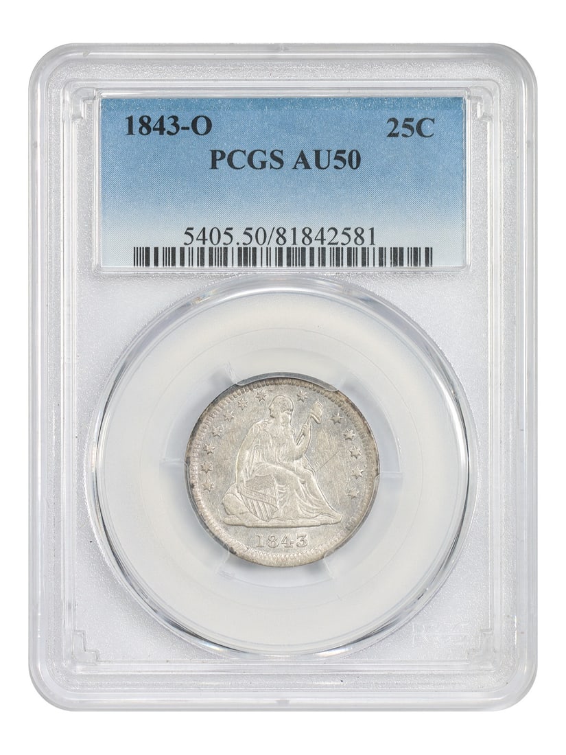 PCGS AU50 1843-O Liberty Seated Quarter New Orleans Mint 25C: PCGS AU50 1843-O Liberty Seated Quarter New Orleans Mint 25C This 1843-O Liberty Seated Quarter is a circulated coin certified by PCGS with a grade of AU50. Minted in New Orleans, this piece features 
