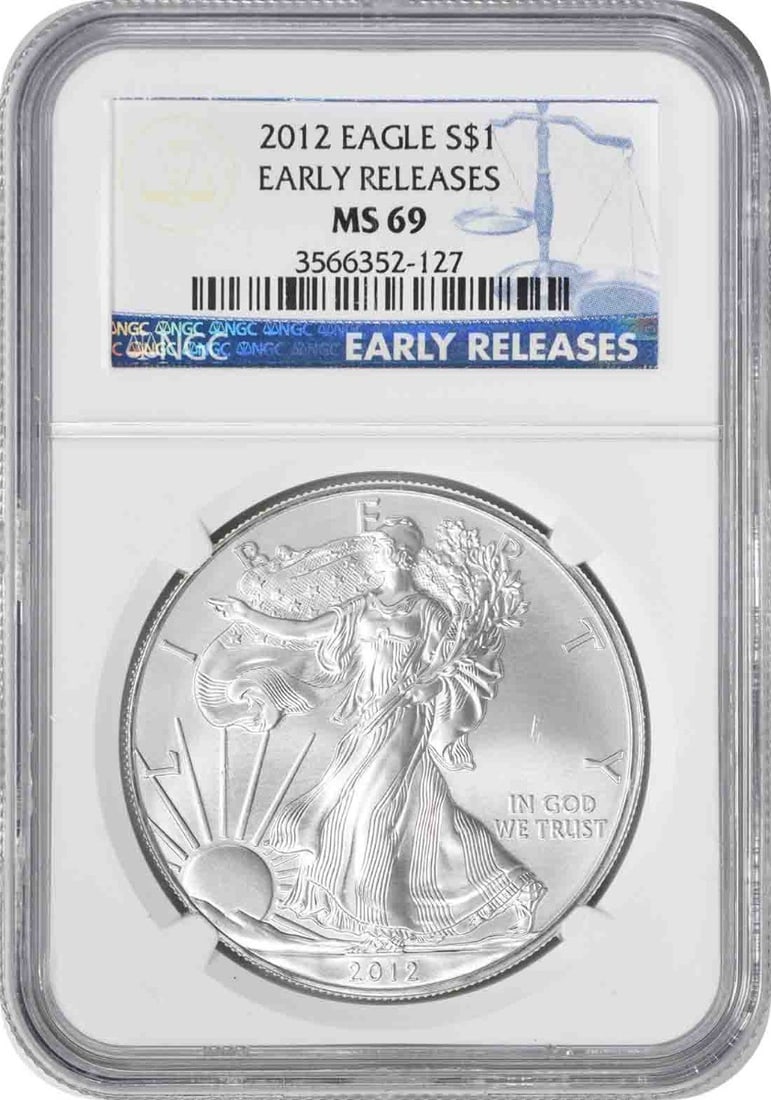 2012 American Silver Eagle Dollar 1 oz MS69 NGC Early Releases: 2012 American Silver Eagle Dollar 1 oz MS69 NGC Early Releases This 2012 $1 American Silver Eagle coin is graded MS69 by NGC and comes from the Early Releases. Struck at the U.S. Mint in Philadelphia,