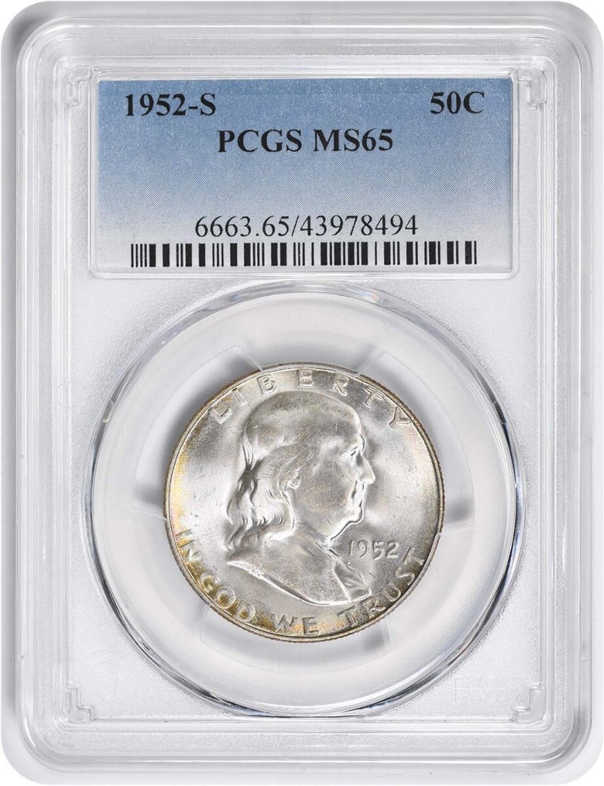 1952-S Franklin Half Dollar MS65 PCGS 90% Silver Uncirculated: 1952-S Franklin Half Dollar MS65 PCGS 90% Silver Uncirculated This 1952-S Franklin Half Dollar is graded MS65 by PCGS, showcasing its uncirculated condition. Struck at the San Francisco Mint, this coi