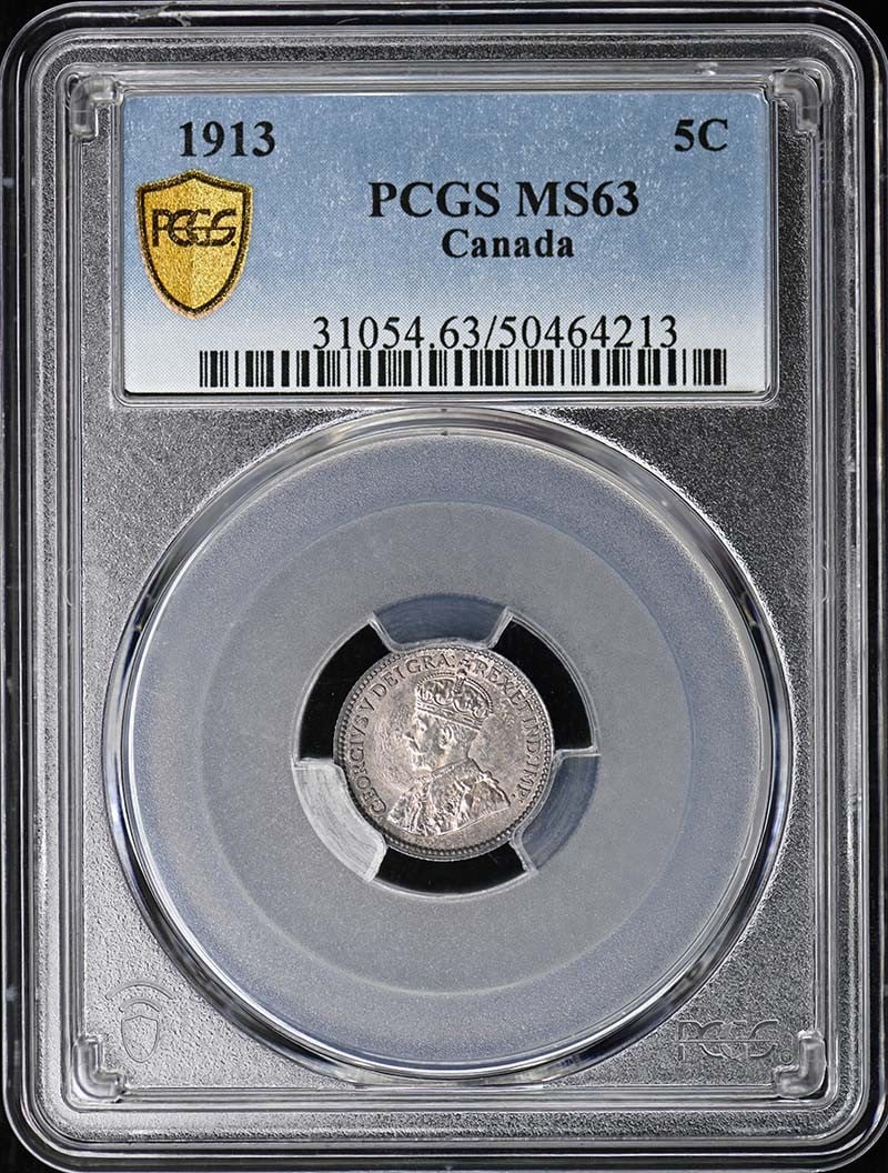 Canada 1913 Five Cent Silver Coin PCGS MS63 Uncirculated: Canada 1913 Five Cent Silver Coin PCGS MS63 Uncirculated This is a 1913 Canada 5-cent silver coin that has been certified by PCGS with a grade of MS63. The coin is uncirculated and comes from Canada. 