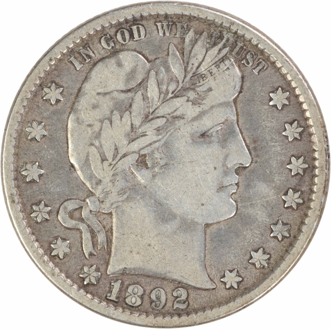 1892 New Orleans Barber Quarter VF 90 Percent Silver Uncertified: 1892 New Orleans Barber Quarter VF 90 Percent Silver Uncertified This 1892-O Barber Silver Quarter is a circulated coin from the New Orleans Mint with a VF (Very Fine) grade. Composed of 90% silver an