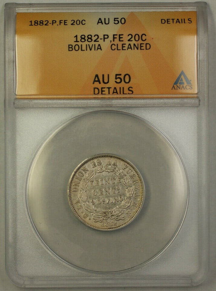 Bolivia 1882 20 Centavos Silver AU-50 ANACS Graded Coin: Bolivia 1882 20 Centavos Silver AU-50 ANACS Graded Coin This 1882-P FE Bolivia 20 Centavos silver coin is certified by ANACS with a grade of AU-50 Details. Minted in Bolivia, this circulated coin is c