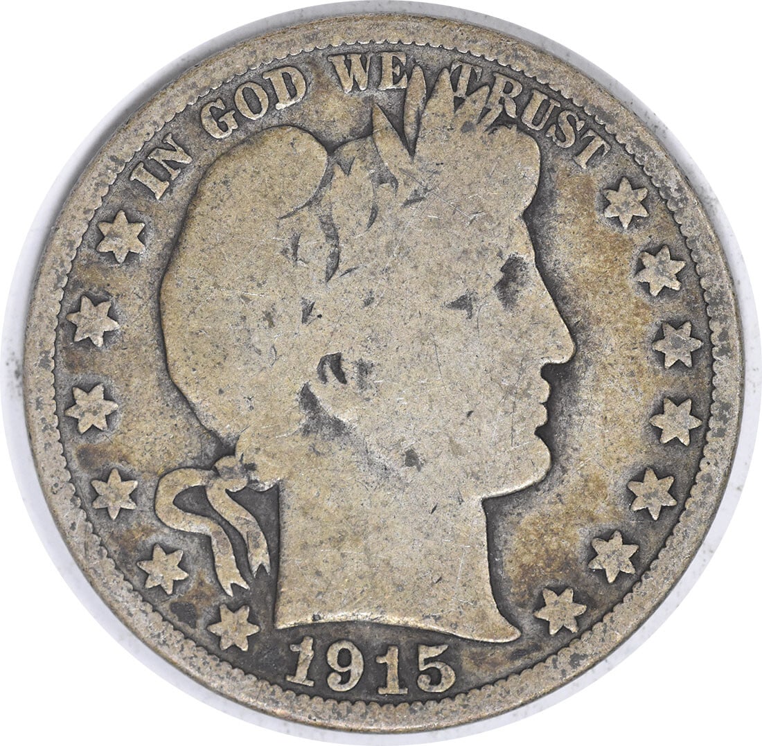 1915 Barber Half Dollar 50C G Uncertified 90% Silver Coin: 1915 Barber Half Dollar 50C G Uncertified 90% Silver Coin This 1915 Barber Silver Half Dollar is a classic coin featuring the iconic design by Charles E. Barber. It is crafted from 90% silver and 10% 
