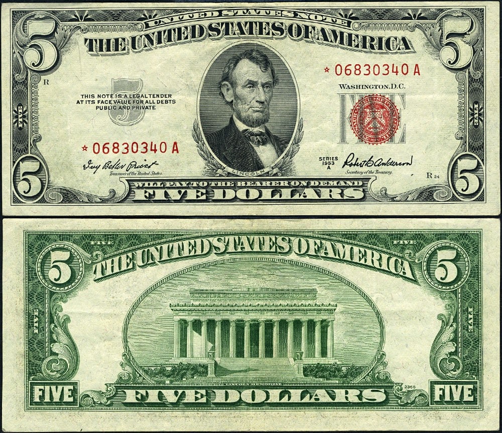 1953-A $5 Legal Tender XF Star Note FR. 1533* Circulated: 1953-A $5 Legal Tender XF Star Note FR. 1533* Circulated This 1953-A $5 Legal Tender Note (FR. 1533*) is a beautiful example of a star note in extra fine (XF) condition. It showcases original paper qu
