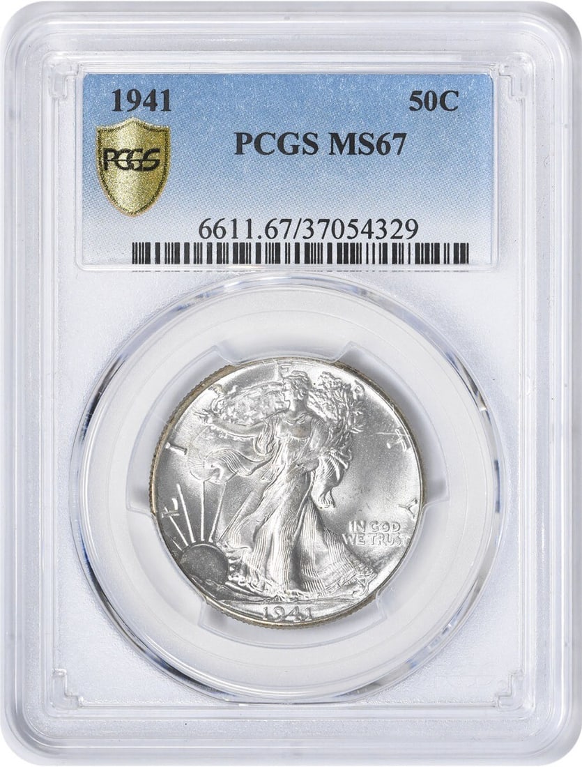 MS67 PCGS 1941 Philadelphia Walking Liberty 90% Silver Half Dollar Coin: MS67 PCGS 1941 Philadelphia Walking Liberty 90% Silver Half Dollar Coin This is a 1941-P Walking Liberty Half Dollar graded MS67 by PCGS. Struck in Philadelphia, this uncirculated coin features a comp