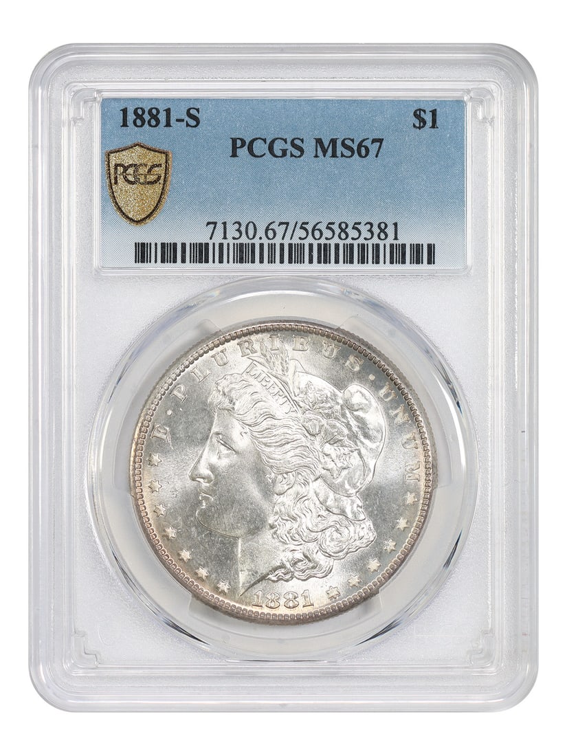 PCGS MS67 1881 San Francisco Morgan Silver Dollar: PCGS MS67 1881 San Francisco Morgan Silver Dollar This is an 1881 Morgan Dollar struck at the San Francisco Mint. The coin is graded MS67 by PCGS, indicating an uncirculated condition. It features the