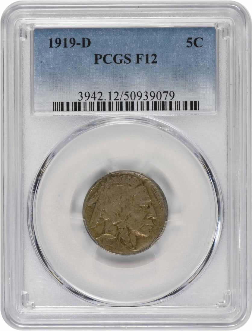 1919-D Buffalo Nickel 5C PCGS Certified by James Earle Fraser: 1919-D Buffalo Nickel 5C PCGS Certified by James Earle Fraser This 1919-D Buffalo Nickel, graded F12 by PCGS, showcases a rich history and craftsmanship. Minted in Denver, this coin is composed of 75%