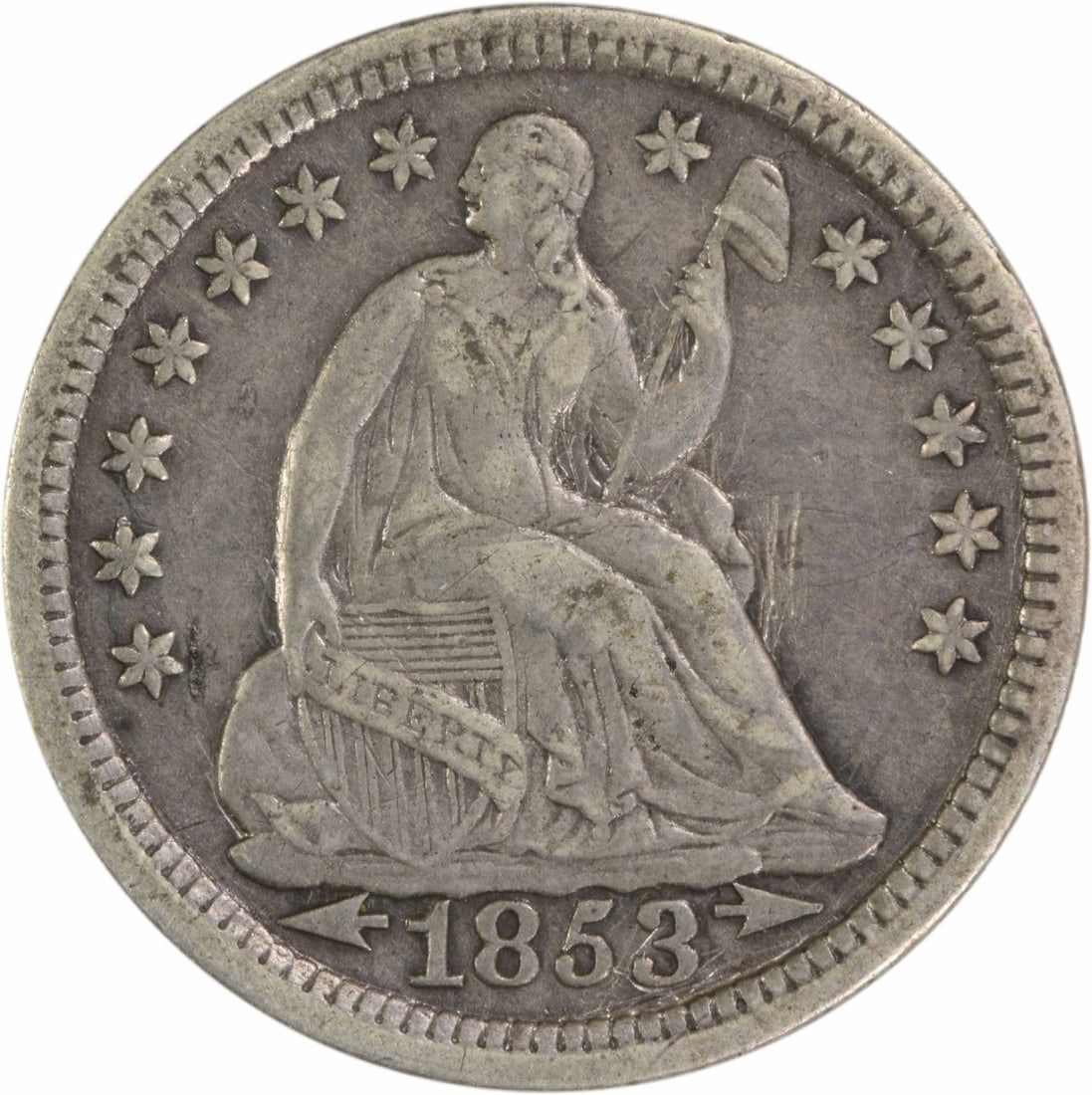 1853 Liberty Seated Half Dime 90% Silver Uncertified: 1853 Liberty Seated Half Dime 90% Silver Uncertified This 1853 Liberty Seated Silver Half Dime features a beautiful design by Christian Gobrecht and is a notable piece in American coinage history. Thi