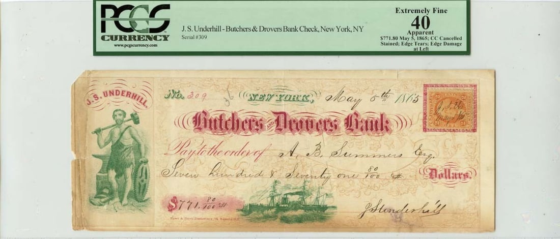 PCGS XF40 Certified 1865 Drovers Bank New York Check Issued by J S Underhill (1 of 2)