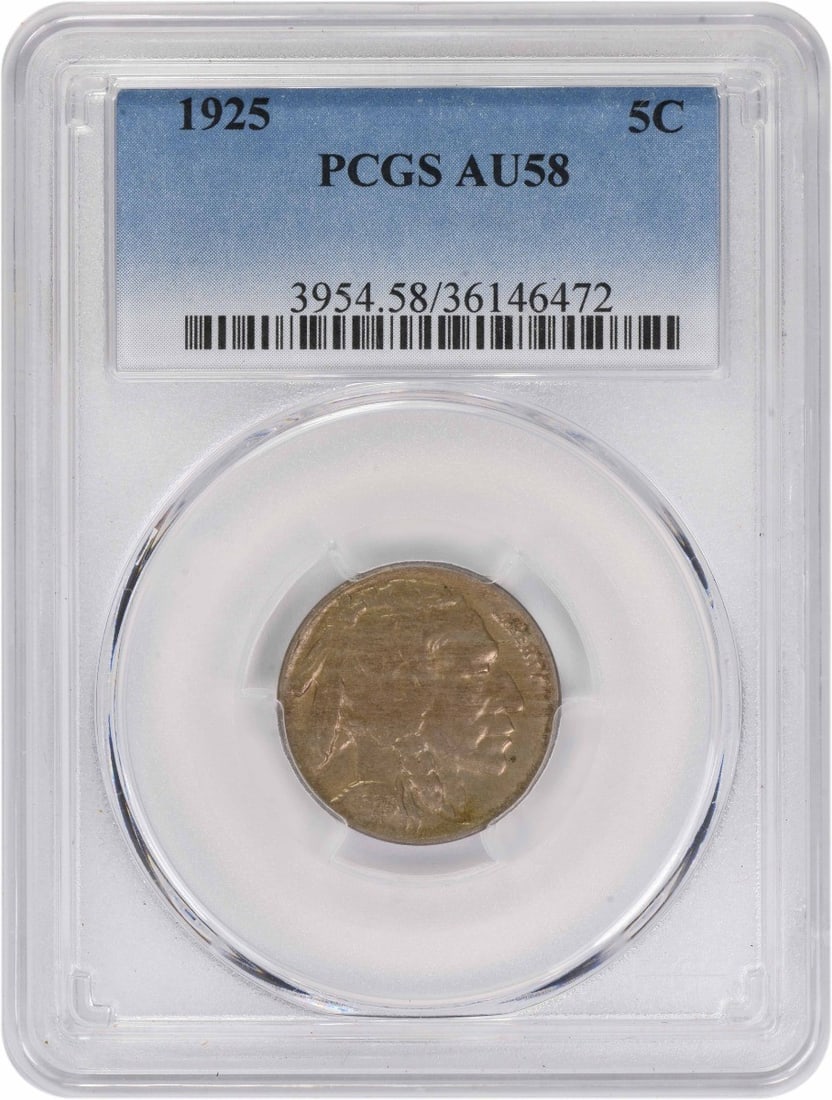 1925 Philadelphia Buffalo Nickel PCGS AU58 Certified United States 5C Coin: 1925 Philadelphia Buffalo Nickel PCGS AU58 Certified United States 5C Coin This 1925 Buffalo Nickel was struck at the Philadelphia Mint and is graded AU58 by PCGS. Designed by James Earle Fraser, this