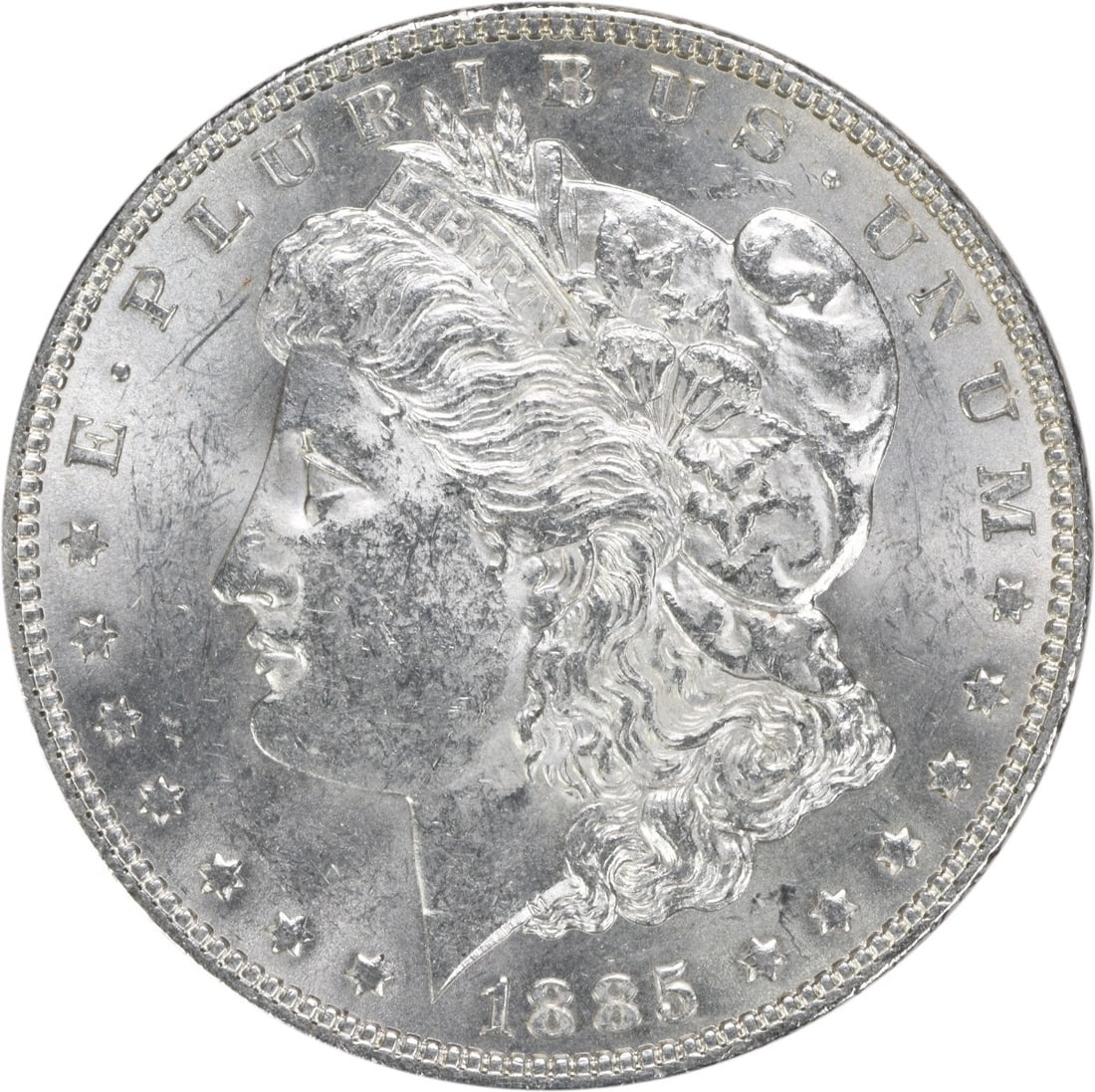 Uncirculated 1885 Morgan Silver Dollar Brilliant Uncirculated Philadelphia Mint: Uncirculated 1885 Morgan Silver Dollar Brilliant Uncirculated Philadelphia Mint This 1885 Morgan Silver Dollar is an uncirculated coin featuring brilliant uncirculated (BU) quality. Composed of silver
